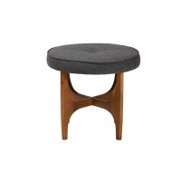 Japandi Dark Grey Fabric and Walnut Brown Finished Wood Ottoman Footstool