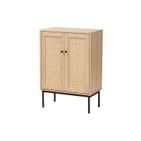 Modern Light Brown and Black 2Door Storage Cabinet with Woven Rattan Accent