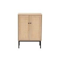 Modern Light Brown and Black 2Door Storage Cabinet with Woven Rattan Accent