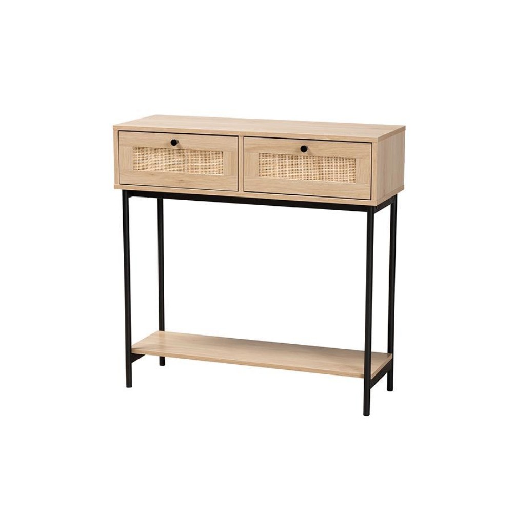 Modern Light Brown and Black 2Drawer Console Table with Woven Rattan Accent