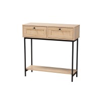 Modern Light Brown and Black 2Drawer Console Table with Woven Rattan Accent