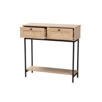 Modern Light Brown and Black 2Drawer Console Table with Woven Rattan Accent