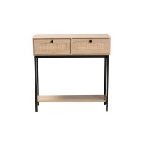 Modern Light Brown and Black 2Drawer Console Table with Woven Rattan Accent