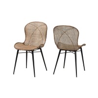 Sabelle Japandi Greywashed Rattan and Black Metal 2Piece Dining Chair Set