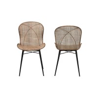 Sabelle Japandi Greywashed Rattan and Black Metal 2Piece Dining Chair Set