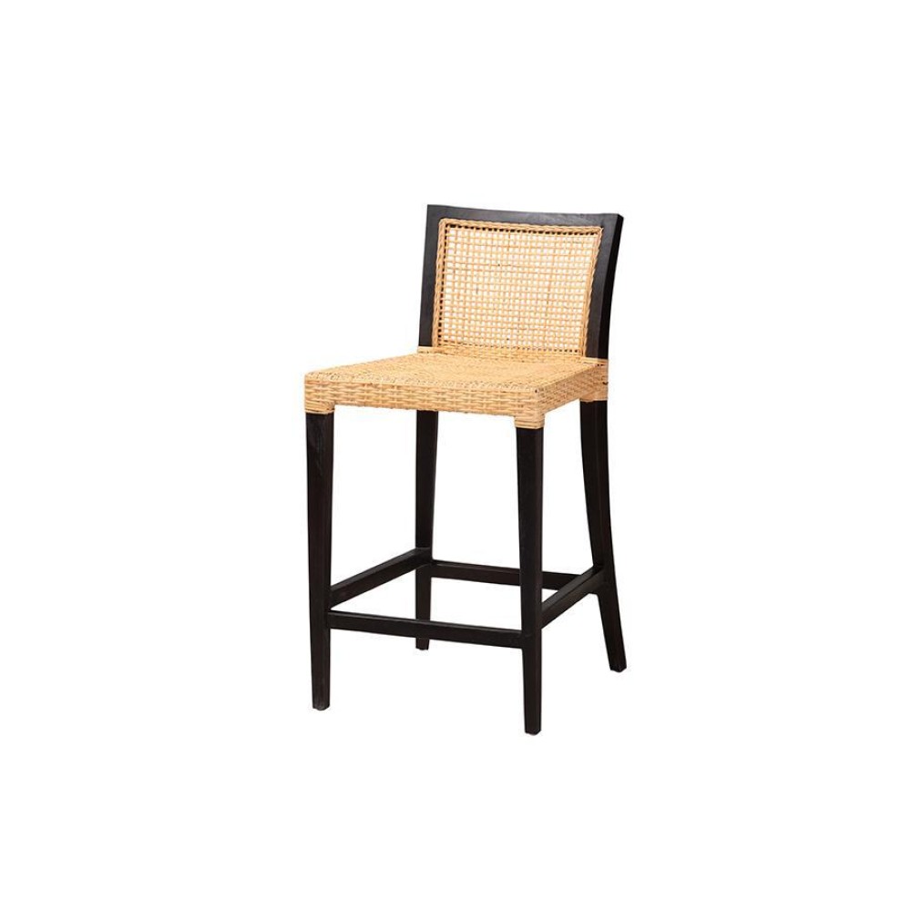 Lingga Modern Bohemian Dark Brown Mahogany Wood and Natural Rattan Counter Stool