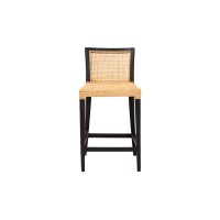 Lingga Modern Bohemian Dark Brown Mahogany Wood and Natural Rattan Counter Stool