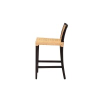 Lingga Modern Bohemian Dark Brown Mahogany Wood and Natural Rattan Counter Stool