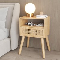Mid-Century Modern Rattan Nightstand (2 Set), Boho Wood Accent Table With Storage Drawer - Bedside Table For Bedroom Or End Table For Living Room, Natural Wood Accent Decor - Light Brown