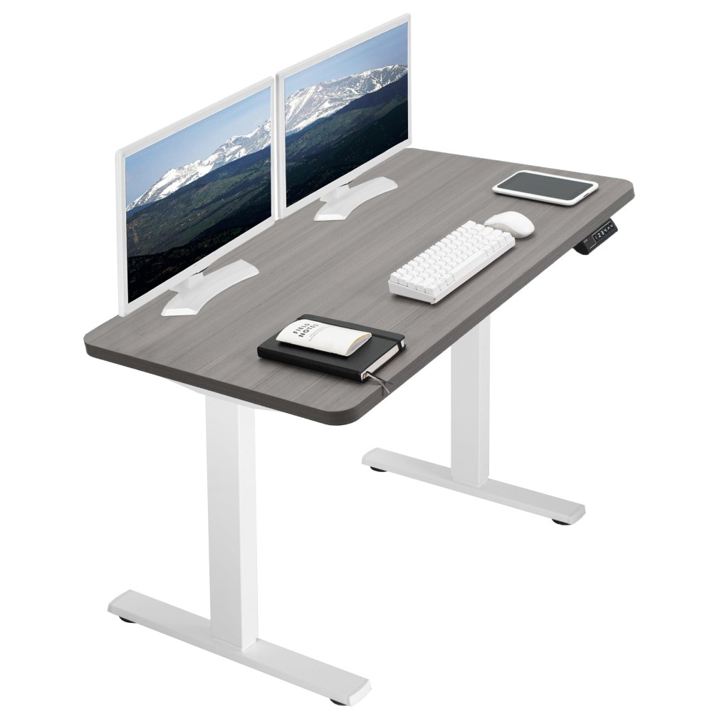 Vivo Electric Height Adjustable 43 X 24 Inch Memory Stand Up Desk, Dark Gray Solid One-Piece Table Top, White Frame, Standing Workstation With Preset Controller, 1B Series, Desk-Kit-1W4G