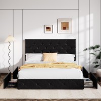 Allewie Upholstered Full Size Platform Bed Frame With 4 Storage Drawers And Headboard  Diamond Stitched Button Tufted  Mattress Foundation With Wooden Slats Support  No Box Spring Needed  Black