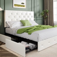 Allewie Upholstered Queen Size Platform Bed Frame With 4 Storage Drawers And Headboard, Diamond Stitched Button Tufted, Mattress Foundation With Wooden Slats, No Box Spring Needed, White