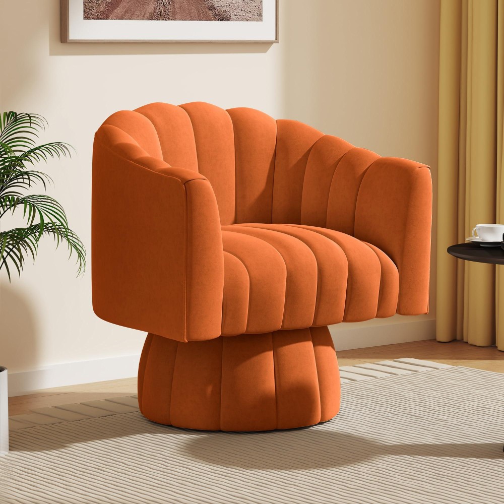 Dewhut Mid Century 360 Degree Swivel Cuddle Barrel Accent Sofa Chairs, Round Armchairs With Wide Upholstered, Fluffy Velvet Fabric Chair For Living Room, Bedroom, Office, Waiting Rooms, (Orange)