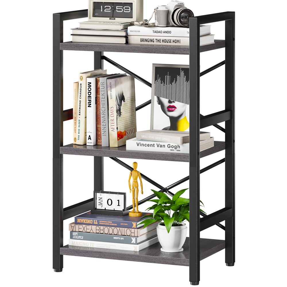 Homeiju Bookshelf 3 Tier Industrial Bookcase Metal Small Bookcase Rustic Etagere Book Shelf Storage Organizer For Living Room