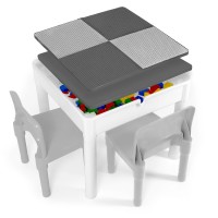 Play Platoon 5 In 1 Kids Activity Table And Chair Set- Stem Table For Toddlers With Water Table, Building Block Table, Craft & Sensory Table For Toddlers With 2 Chairs & 25 Xl Blocks - Neutral Gray