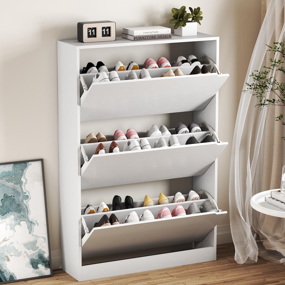 Bornoon Shoe Cabinet With 3 Flip Drawers Hidden Wood Shoe Cabinet Freestanding Shoe Storage Cabinet For Entryway Hallwaywhite