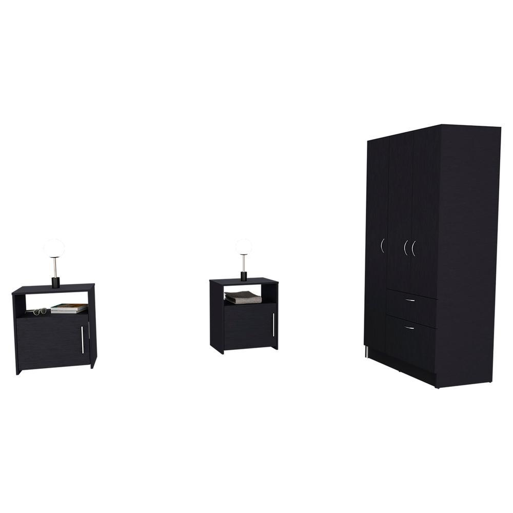 Lubec 3 Piece Bedroom Set  Cartagena Armoire + 2 Omaha Nightstands  Black