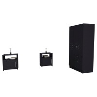 Lubec 3 Piece Bedroom Set  Cartagena Armoire + 2 Omaha Nightstands  Black