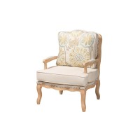 Andre Traditional French Quilted Fabric and Whitewash Finished Wood Accent Chair