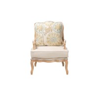 Andre Traditional French Quilted Fabric and Whitewash Finished Wood Accent Chair