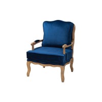 Traditional Navy Blue Fabric and French Oak Brown Finished Wood Accent Chair