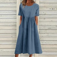 Womens Summer Casual Dress 2023 Short Sleeve Crew Neck Midi Dress Vacation Beach Solid Color Sundress With Pockets