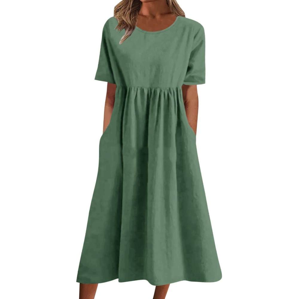 Womens Summer Casual Dress 2023 Short Sleeve Crew Neck Midi Dress Vacation Beach Solid Color Sundress With Pockets