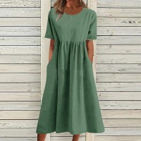 Womens Summer Casual Dress 2023 Short Sleeve Crew Neck Midi Dress Vacation Beach Solid Color Sundress With Pockets