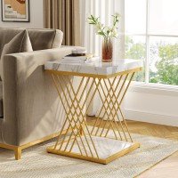 Tribesigns Square End Table White Gold 2-Tier Side Table Modern Small Bedside Table With Storage For Couch, Sofa Side Table With Stylish Metal Frame For Living Room (1, Faux Marble White+Gold)