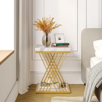 Tribesigns Square End Table White Gold 2-Tier Side Table Modern Small Bedside Table With Storage For Couch, Sofa Side Table With Stylish Metal Frame For Living Room (1, Faux Marble White+Gold)
