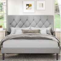 Full Size Platform Bed Frame With Upholstered Headboard Button Tufted Design No Box Spring Needed Light Grey