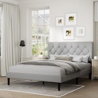 Full Size Platform Bed Frame With Upholstered Headboard Button Tufted Design No Box Spring Needed Light Grey