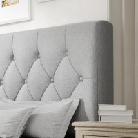 Full Size Platform Bed Frame With Upholstered Headboard Button Tufted Design No Box Spring Needed Light Grey