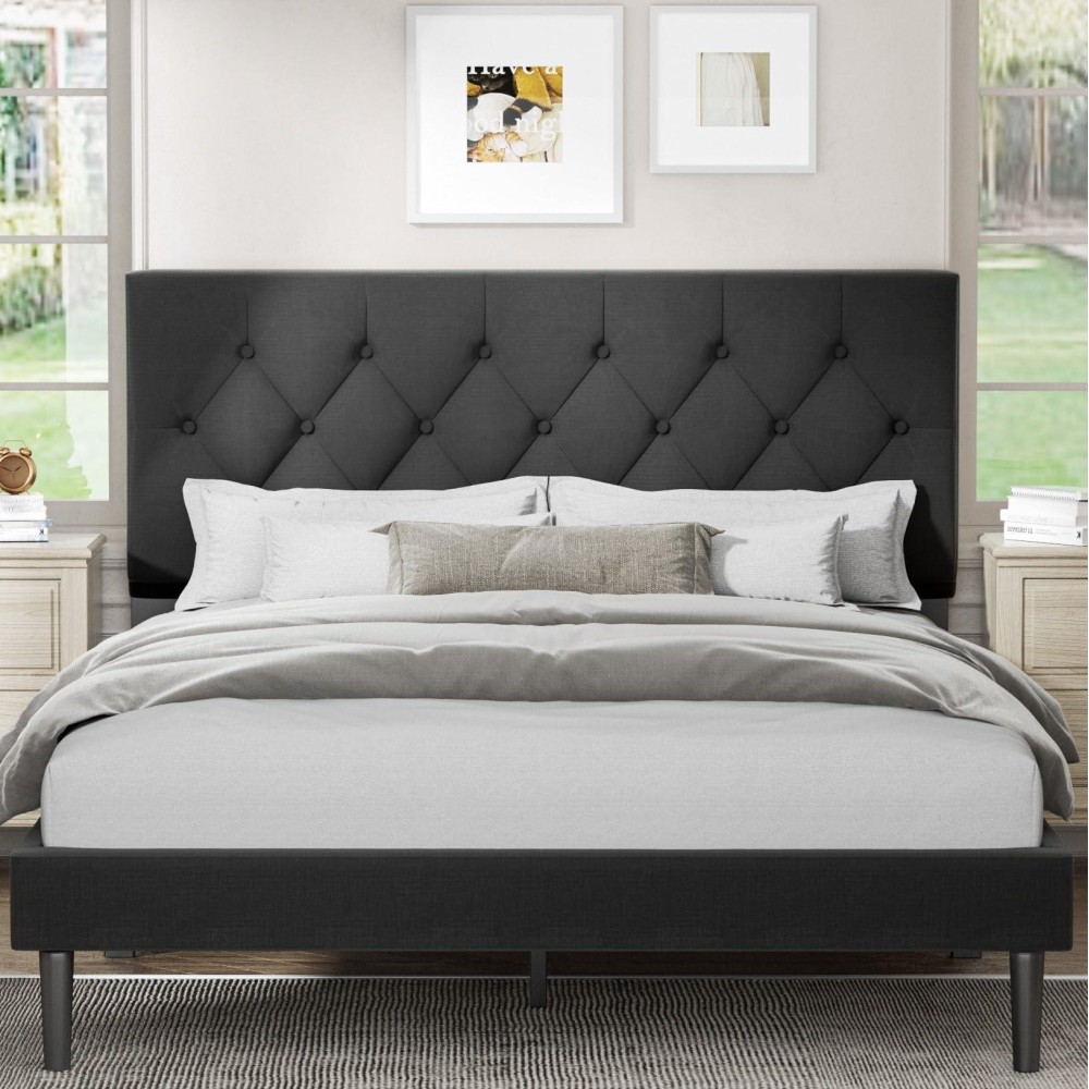 Queen Size Platform Bed Frame With Upholstered Headboard, Button Tufted Design, No Box Spring Needed, Dark Grey