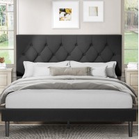 Queen Size Platform Bed Frame With Upholstered Headboard, Button Tufted Design, No Box Spring Needed, Dark Grey