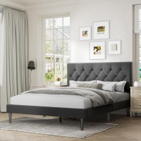 Queen Size Platform Bed Frame With Upholstered Headboard, Button Tufted Design, No Box Spring Needed, Dark Grey