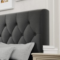 Queen Size Platform Bed Frame With Upholstered Headboard, Button Tufted Design, No Box Spring Needed, Dark Grey