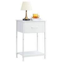 Somdot Nightstand, Bedside Table End Table For Bedroom Nursery Living Room - Removable Fabric Drawer, Open Storage Shelf, Sturdy Steel Frame, Durable Wood Top - White Leather