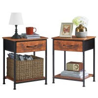 Somdot Nightstands Set Of 2, Bedside Table End Table For Bedroom Nursery Living Room - Removable Fabric Drawer, Open Storage Shelf, Sturdy Steel Frame, Durable Wood Top - Rustic Brown Wood Grain Print