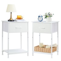 Somdot Nightstands Set Of 2, Bedside Table End Table For Bedroom Nursery Living Room - Removable Fabric Drawer, Open Storage Shelf, Sturdy Steel Frame, Durable Wood Top - White Leather