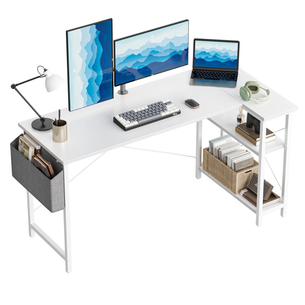 Cubicubi 55 Inch L Shaped Computer Desk With Storage Shelves, Home Office Corner Desk Study Writing Table, White