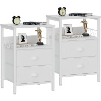 Furologee Nightstands Set 2, End Table With 2 Fabric Drawers, Bedside Table With 2 Hooks, Open Wood Shelf Side Sofa Table For Bedroom/Living Room/Hallway/White