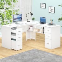 Hsh White L Shaped Desk With Drawers Shelves Large Home Office Corner Computer Desk With Storage File Cabinet Modern Metal Woo