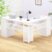 Hsh White L Shaped Desk With Drawers Shelves Large Home Office Corner Computer Desk With Storage File Cabinet Modern Metal Woo