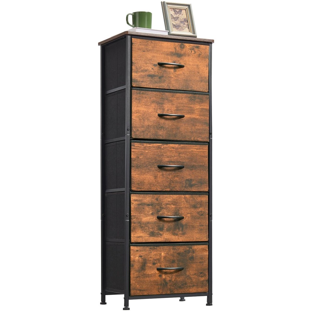 Somdot Tall Dresser For Bedroom With 5 Drawers, Storage Chest Of Drawers With Removable Fabric Bins For Closet Bedside Nursery Laundry Living Room Entryway Hallway, Rustic Brown Wood Grain Print