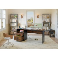 Bestier 60 Inch Home Office Desk With Power Outlets, Computer Desk With Drawers, Reversible Desk With File Drawer, Adjustable Height Desk With Storage For Home Office, Brown