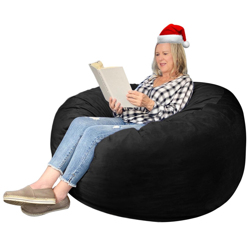 Edujin 3 Ft Sherpa Bean Bag Chair: 3' Medium Memory Foam Bean Bag Chairs For Adults/Teens With Filling,Ultra Soft Faux Fur Cover, Round Fluffy Lazy Sofa For Living Room - 3 Foot,Black