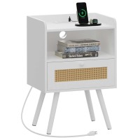 Superjare Nightstand With Charging Station Rattanlike Decor Drawer Rattan End Table With Solid Wood Feet Bed Side Table Wit