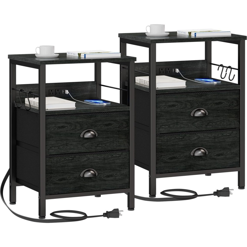 Furologee Nightstand Set Of 2 Black Oak With Charging Station And Usb Ports Side Tables With 2 Fabric Drawers Bedside Tables