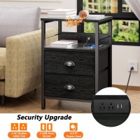 Furologee Nightstand Set Of 2 Black Oak With Charging Station And Usb Ports Side Tables With 2 Fabric Drawers Bedside Tables